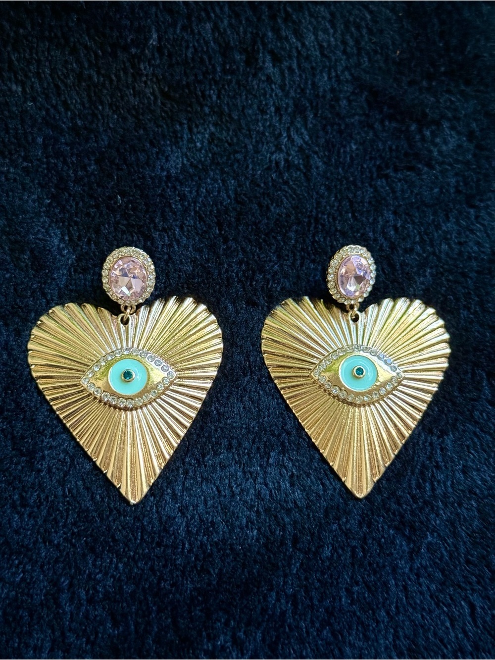 Forever 21 Gold Heart Evil Eye Statement Earrings with Pink Crystal Stud